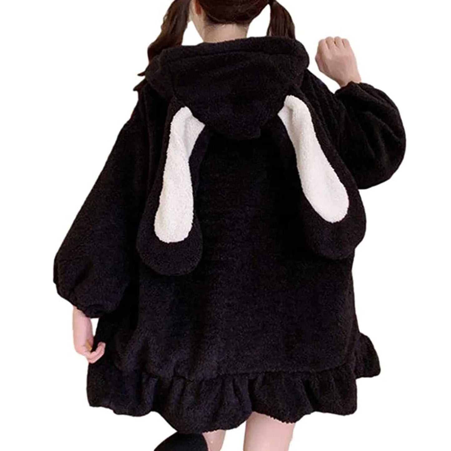 Japanese Style Autumn Winter Women Warm Jacket Kawaii Soft Lambswool Ruffles Rabbit Ears Hooded Coats Girls Sweet Parkas Outwear