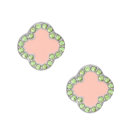 AKA Pink Silver Green Rhinestone Clover Studs
