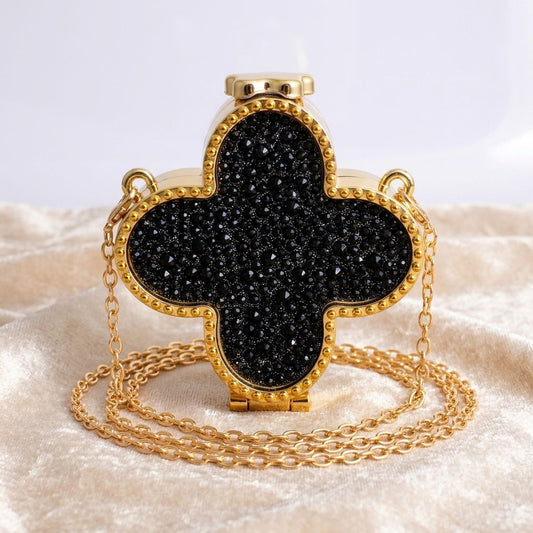 Mini Black Quatrefoil Sparkle Crossbody Compact