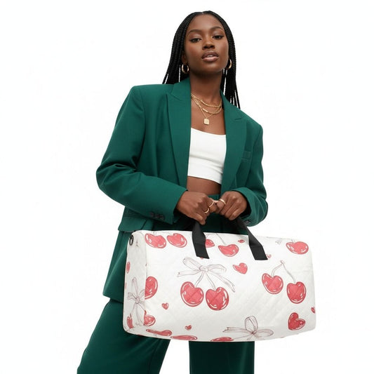 Travel Bag Cream Quilted Red Cherry Duffel