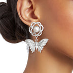 Silver Rose Butterfly Rhinestone Earrings - Mahalina