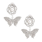 Silver Rose Butterfly Rhinestone Earrings - Mahalina