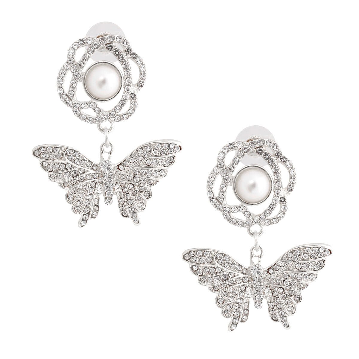 Silver Rose Butterfly Rhinestone Earrings - Mahalina