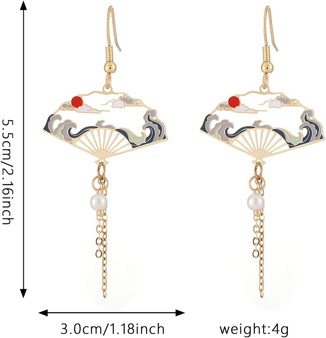 Folding Fan Modeling Crane Hanging Dangle Earrings