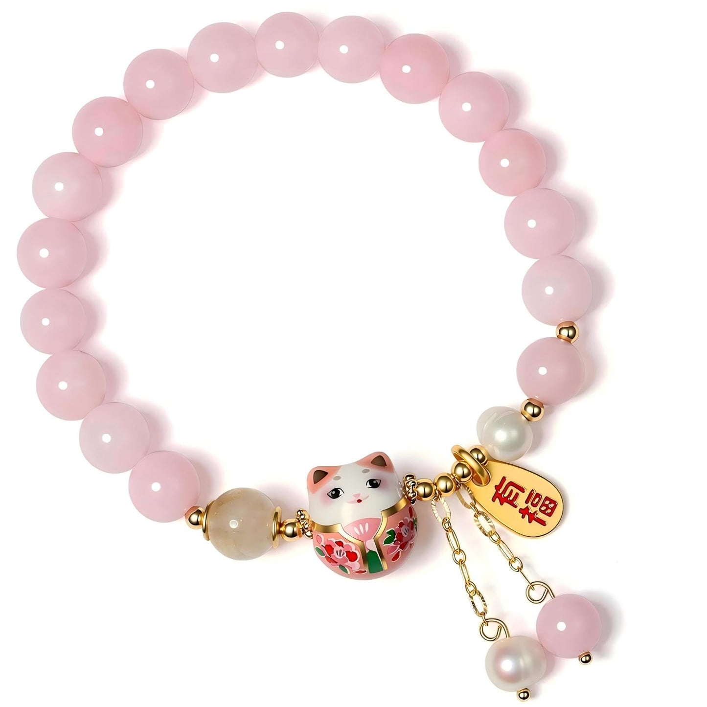 Lucky Cat Bracelet with Blue Crystal, Ceramic Cat Pendant, Feng Shui Good Luck Jewelry for Women, Wealth & Protection Bracelet