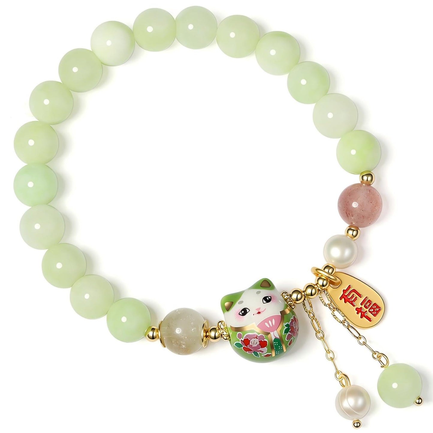 Lucky Cat Bracelet with Blue Crystal, Ceramic Cat Pendant, Feng Shui Good Luck Jewelry for Women, Wealth & Protection Bracelet