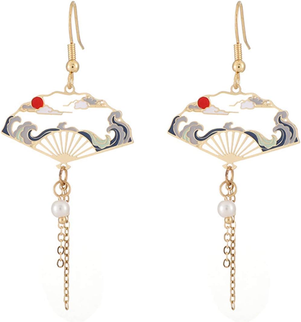 Folding Fan Modeling Crane Hanging Dangle Earrings
