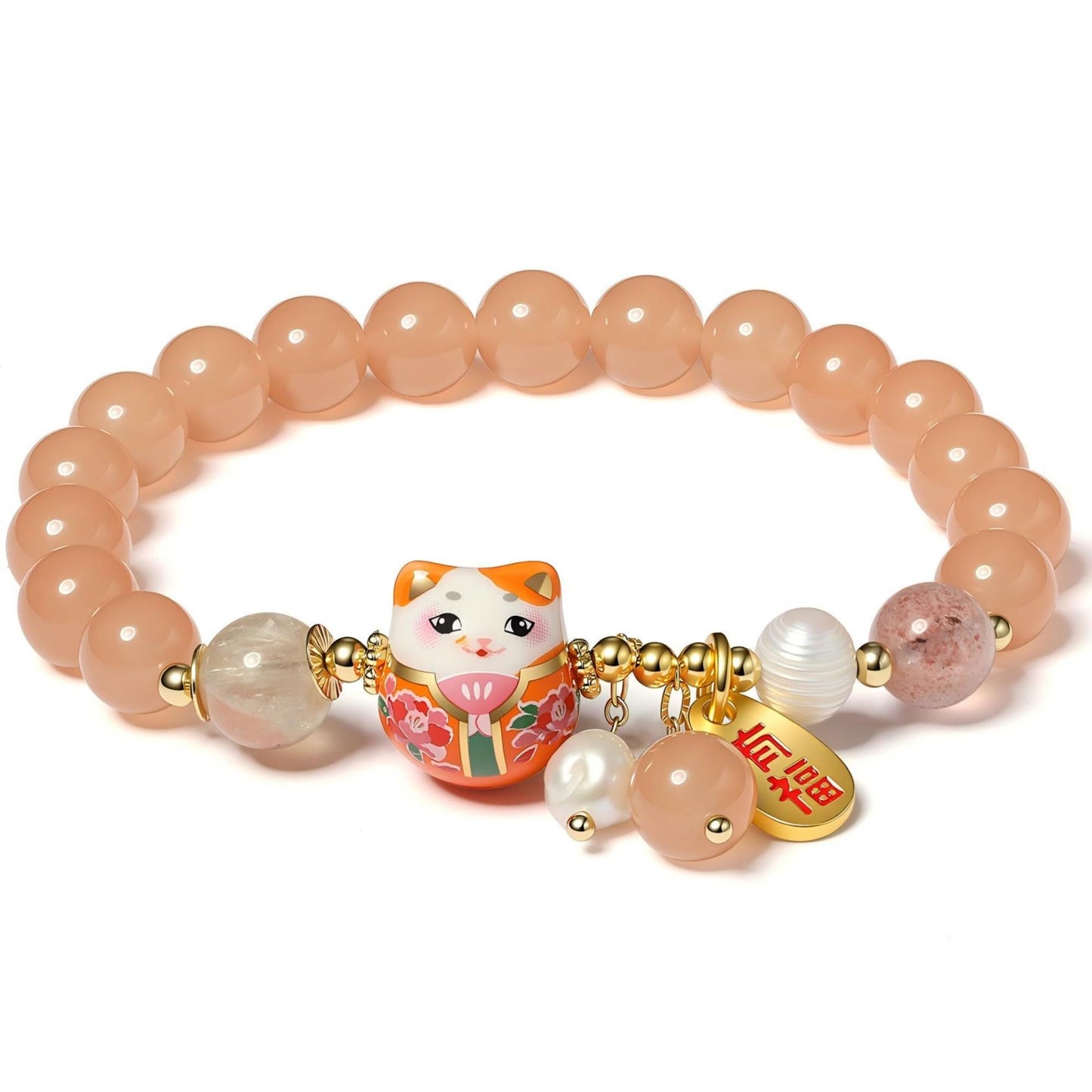 Lucky Cat Bracelet with Blue Crystal, Ceramic Cat Pendant, Feng Shui Good Luck Jewelry for Women, Wealth & Protection Bracelet