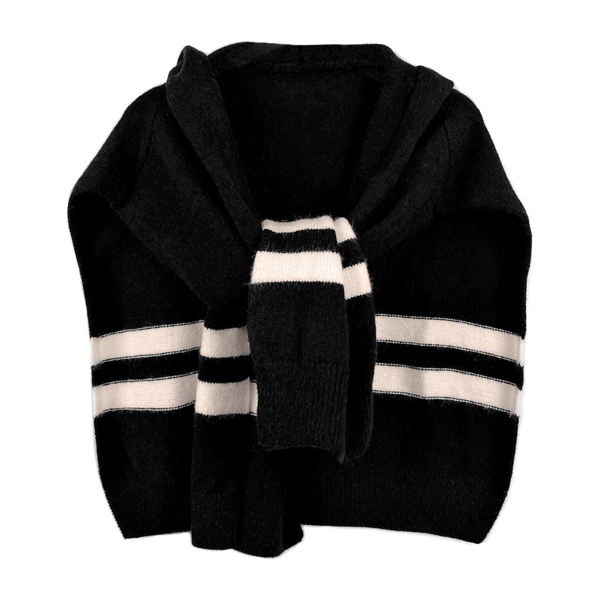 Black Hooded Knit Tied Shoulder Sweater - Mahalina