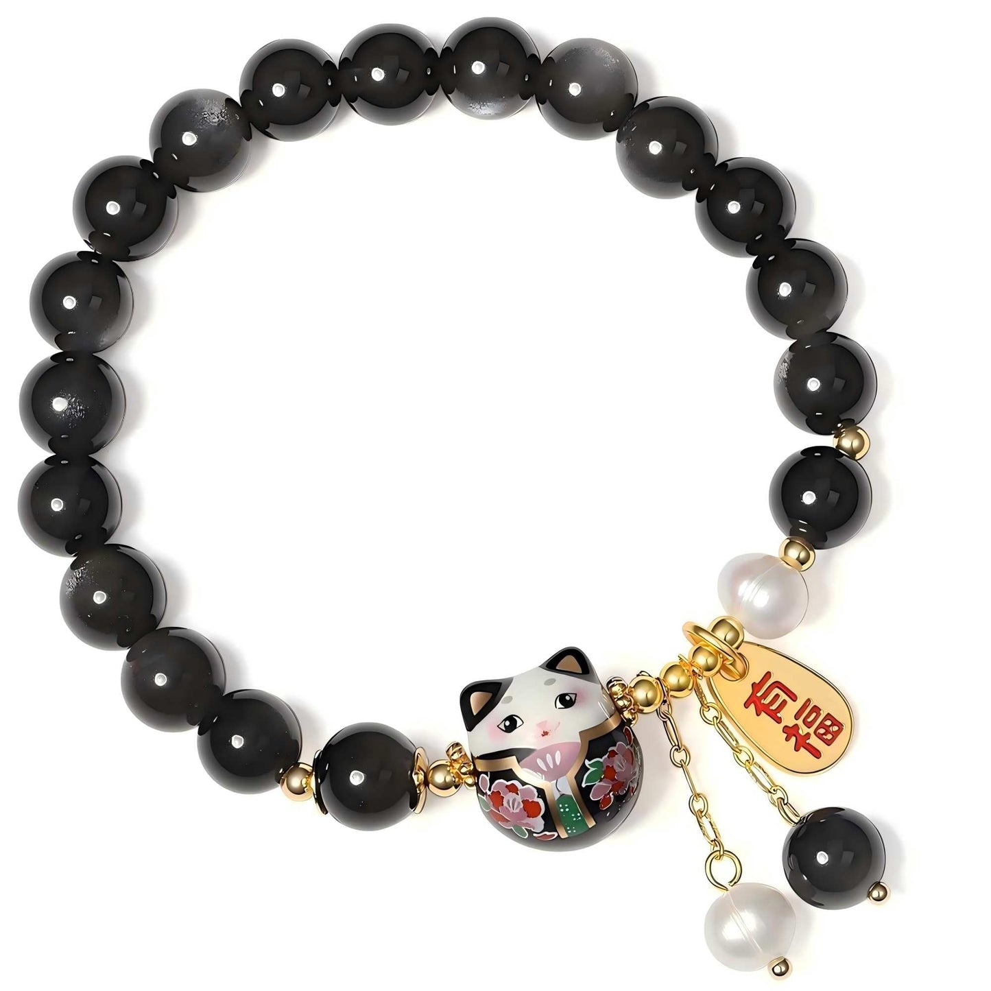 Lucky Cat Bracelet with Blue Crystal, Ceramic Cat Pendant, Feng Shui Good Luck Jewelry for Women, Wealth & Protection Bracelet