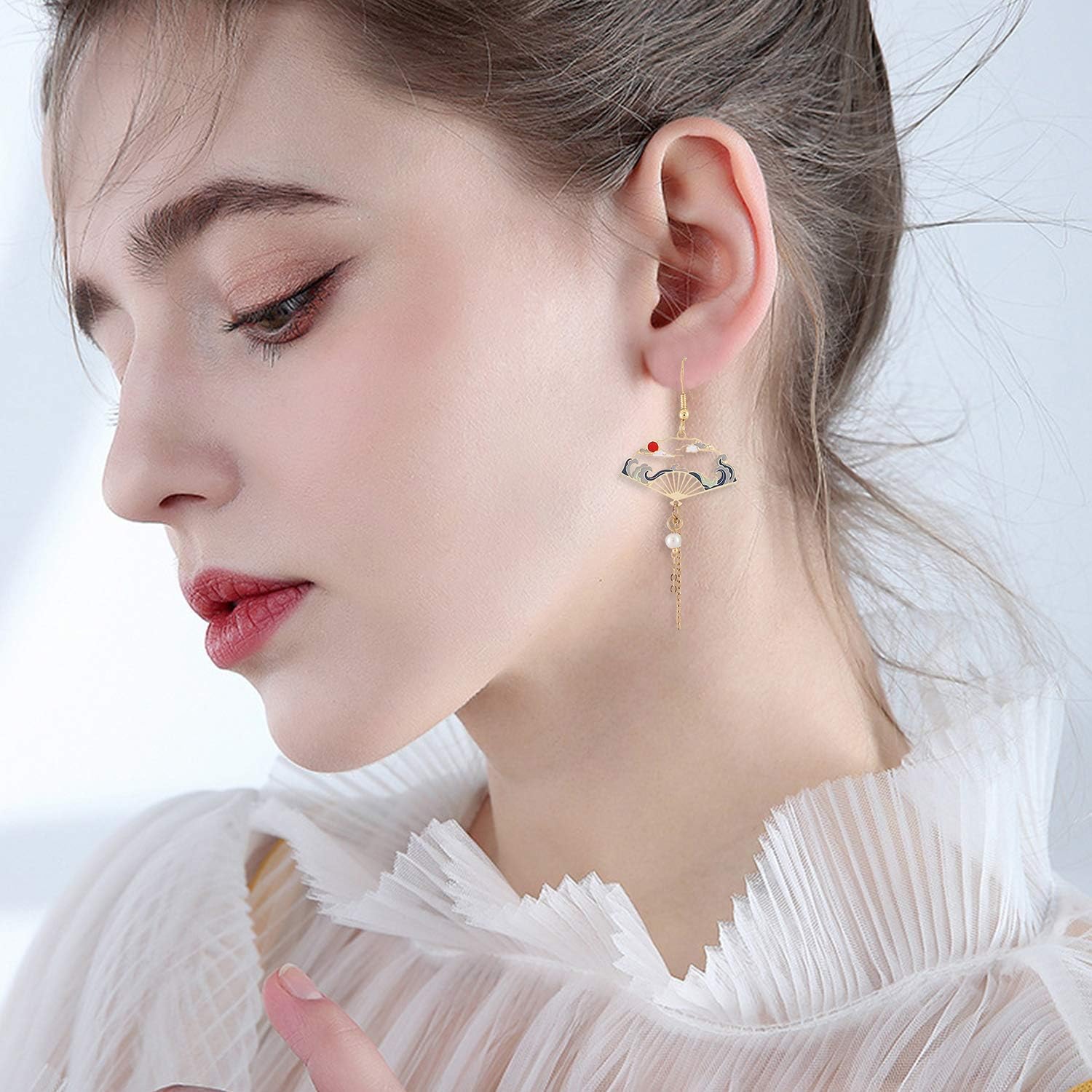 Folding Fan Modeling Crane Hanging Dangle Earrings