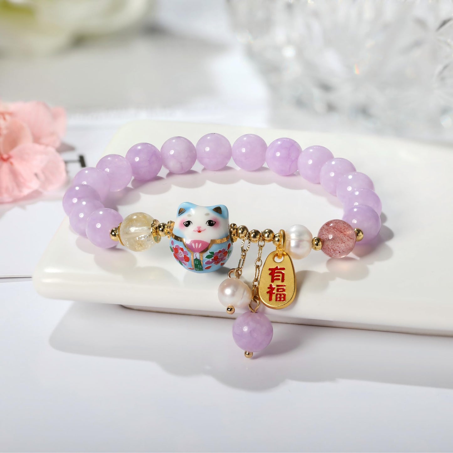 Lucky Cat Bracelet with Blue Crystal, Ceramic Cat Pendant, Feng Shui Good Luck Jewelry for Women, Wealth & Protection Bracelet