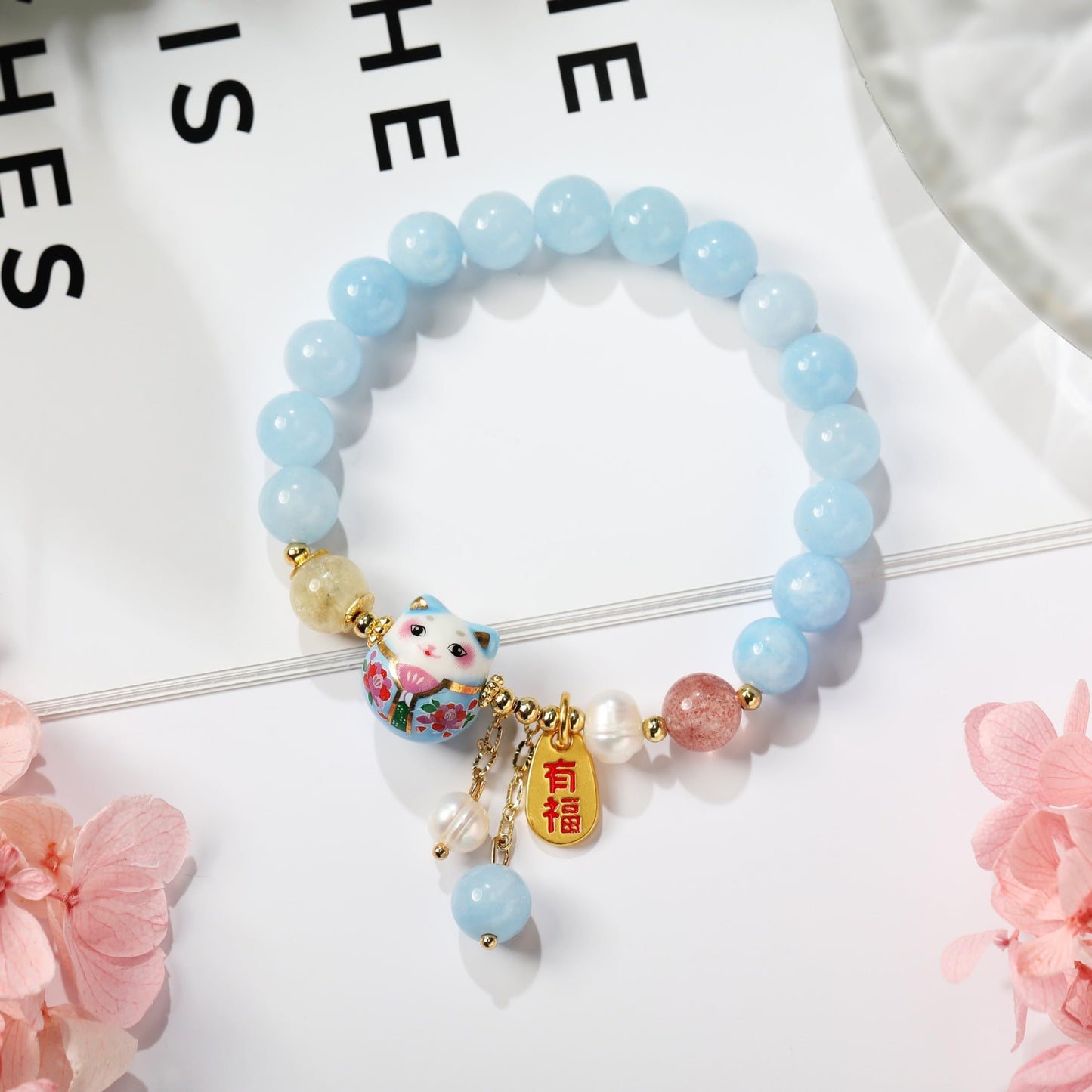 Lucky Cat Bracelet with Blue Crystal, Ceramic Cat Pendant, Feng Shui Good Luck Jewelry for Women, Wealth & Protection Bracelet