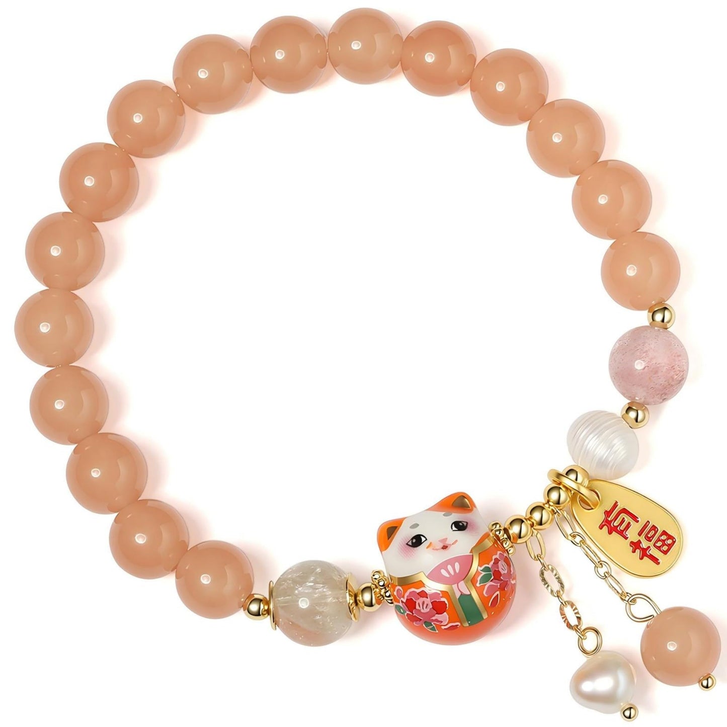 Lucky Cat Bracelet with Blue Crystal, Ceramic Cat Pendant, Feng Shui Good Luck Jewelry for Women, Wealth & Protection Bracelet