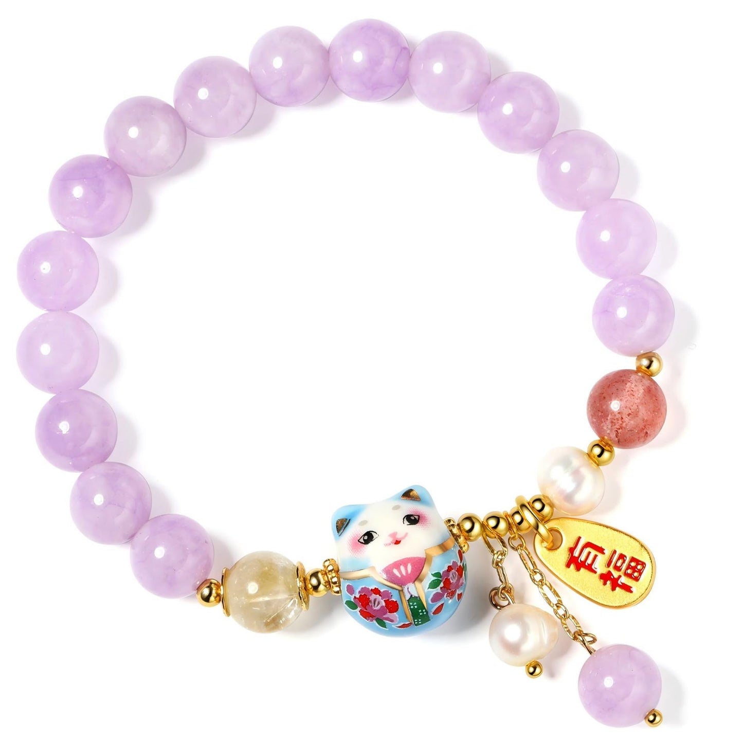 Lucky Cat Bracelet with Blue Crystal, Ceramic Cat Pendant, Feng Shui Good Luck Jewelry for Women, Wealth & Protection Bracelet