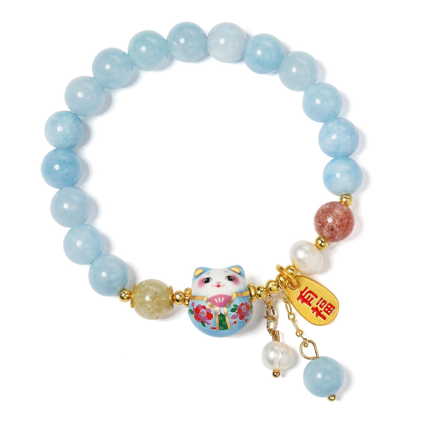 Lucky Cat Bracelet with Blue Crystal, Ceramic Cat Pendant, Feng Shui Good Luck Jewelry for Women, Wealth & Protection Bracelet