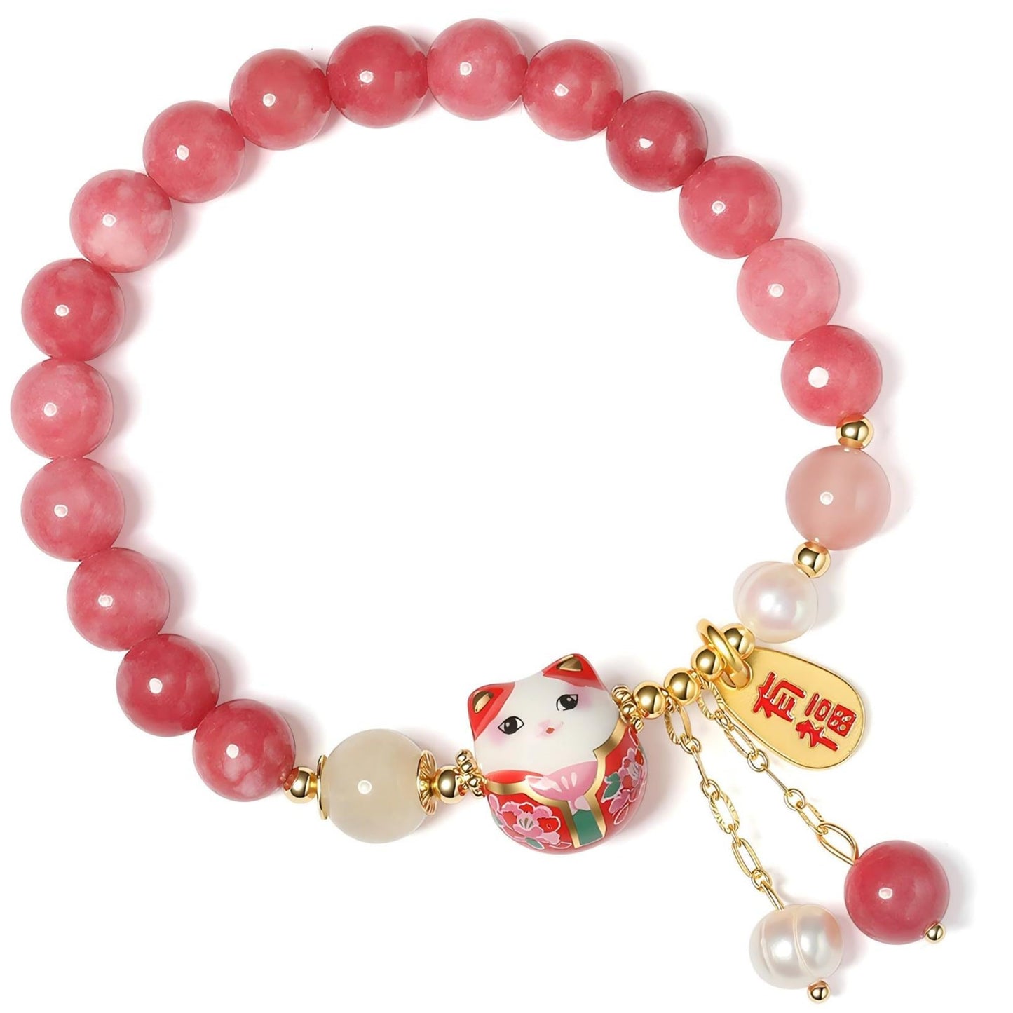 Lucky Cat Bracelet with Blue Crystal, Ceramic Cat Pendant, Feng Shui Good Luck Jewelry for Women, Wealth & Protection Bracelet