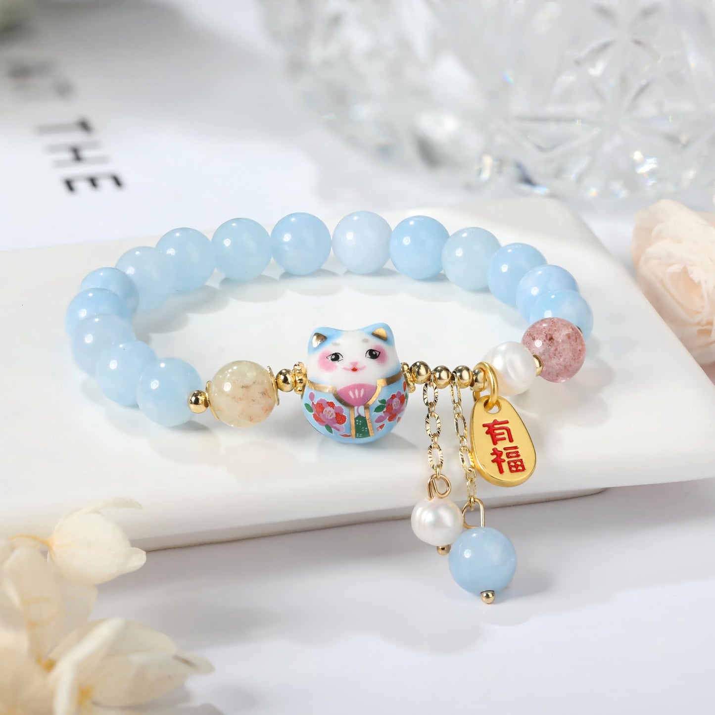 Lucky Cat Bracelet with Blue Crystal, Ceramic Cat Pendant, Feng Shui Good Luck Jewelry for Women, Wealth & Protection Bracelet