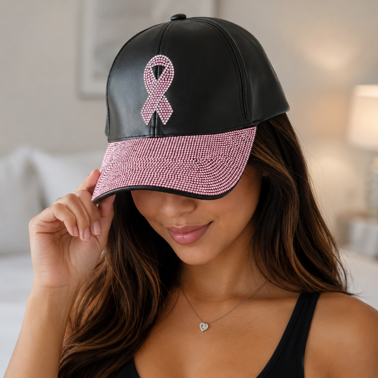 Pink Ribbon Rhinestone Cap