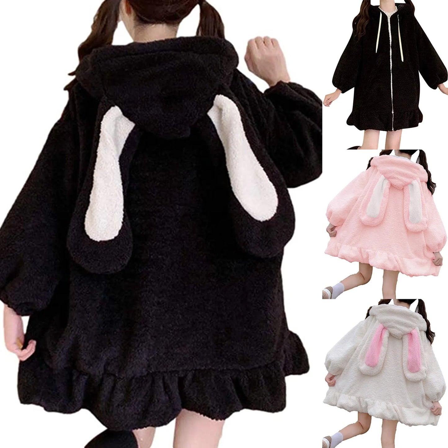 Japanese Style Autumn Winter Women Warm Jacket Kawaii Soft Lambswool Ruffles Rabbit Ears Hooded Coats Girls Sweet Parkas Outwear