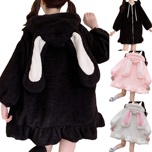 Japanese Style Autumn Winter Women Warm Jacket Kawaii Soft Lambswool Ruffles Rabbit Ears Hooded Coats Girls Sweet Parkas Outwear