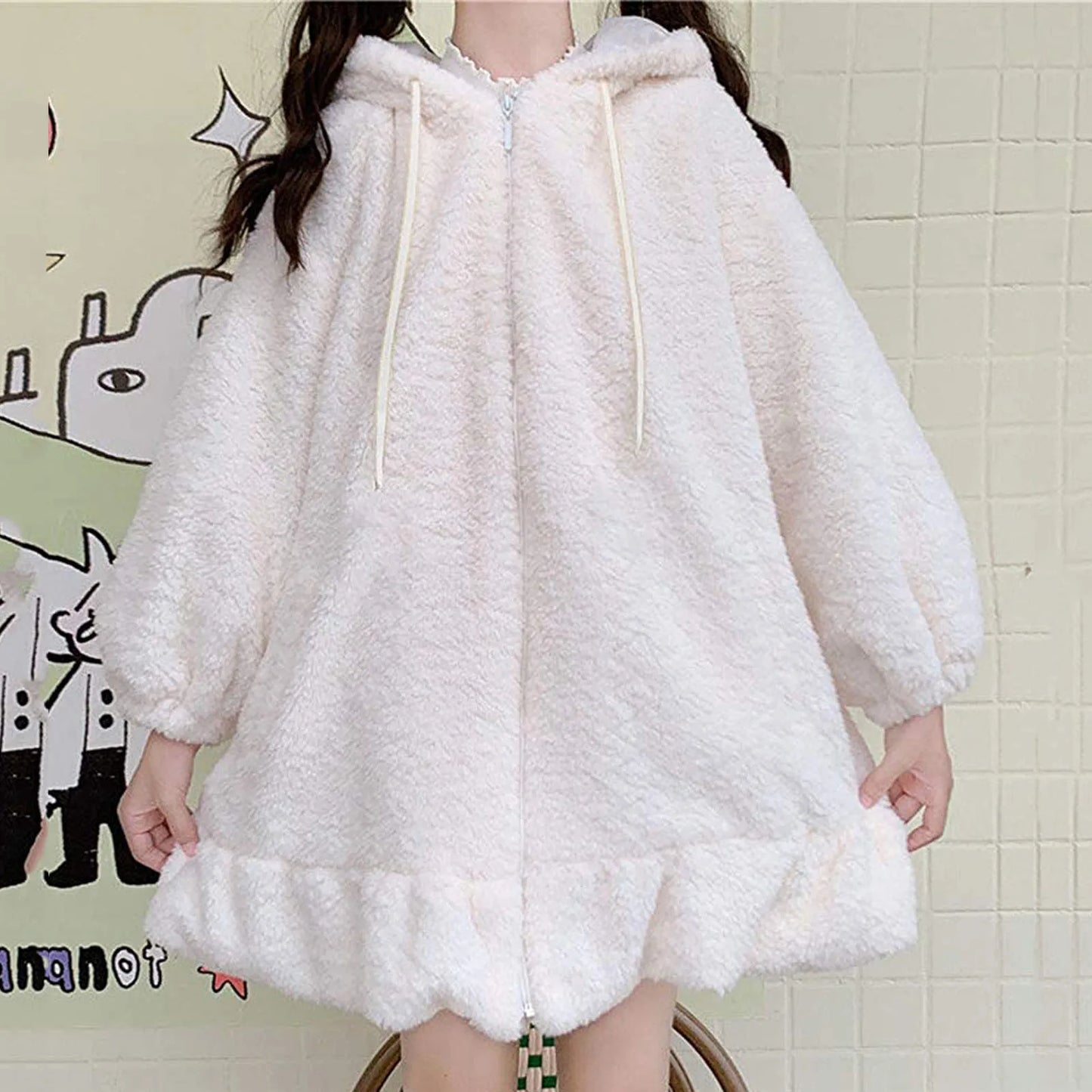 Japanese Style Autumn Winter Women Warm Jacket Kawaii Soft Lambswool Ruffles Rabbit Ears Hooded Coats Girls Sweet Parkas Outwear
