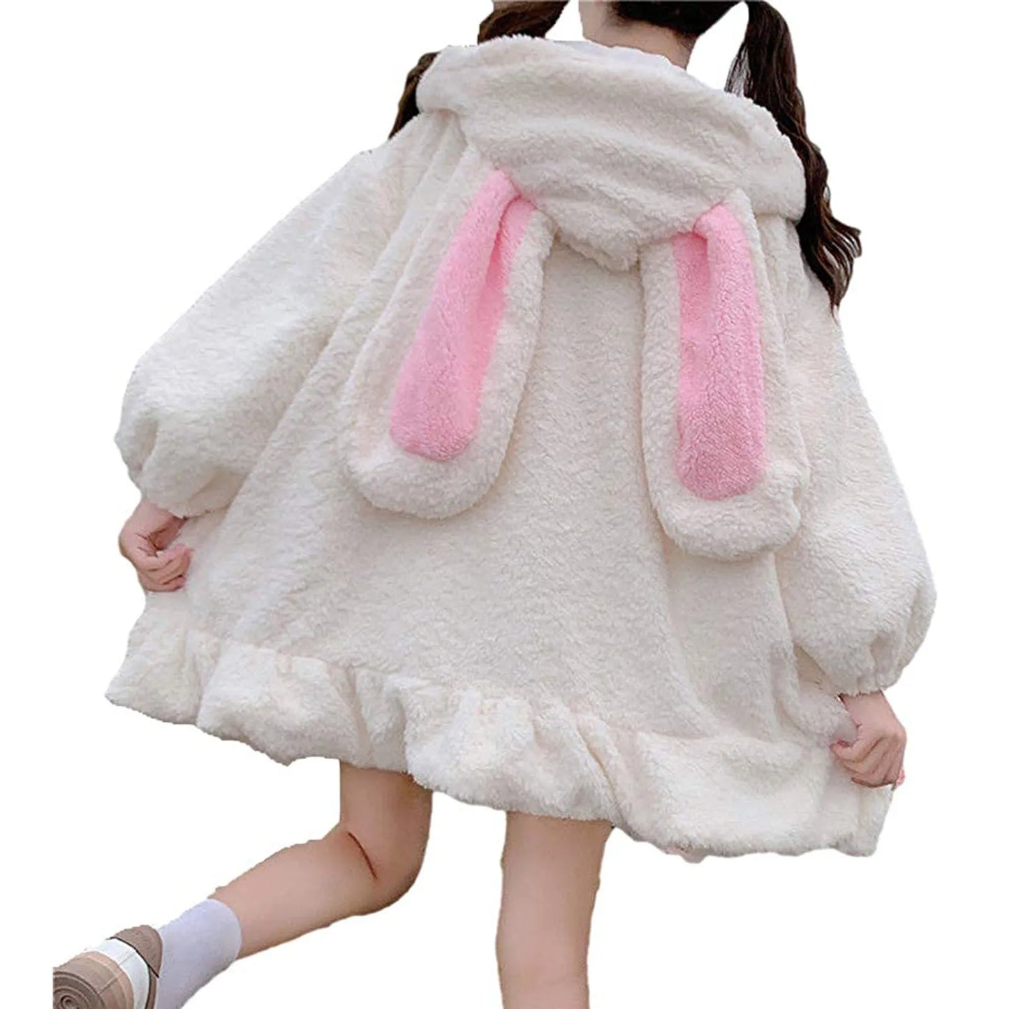 Japanese Style Autumn Winter Women Warm Jacket Kawaii Soft Lambswool Ruffles Rabbit Ears Hooded Coats Girls Sweet Parkas Outwear