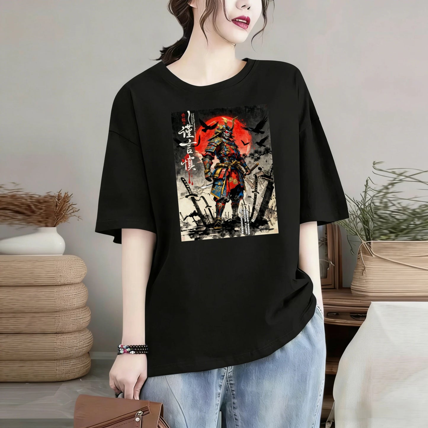 100% pure cotton short sleeved T-shirt Samurai Warrior Standing With Sword Red Moon Background Japanese Calligraphy Artwork Traditional Style Design Easy to wear and match, comfortable and fashionable, suitable for all season