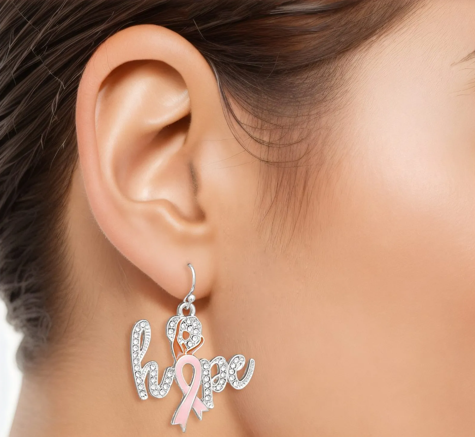 Breast Cancer Fish Hook Hope Glam Earrings