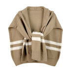 Camel Hooded Knit Tied Shoulder Sweater - Mahalina
