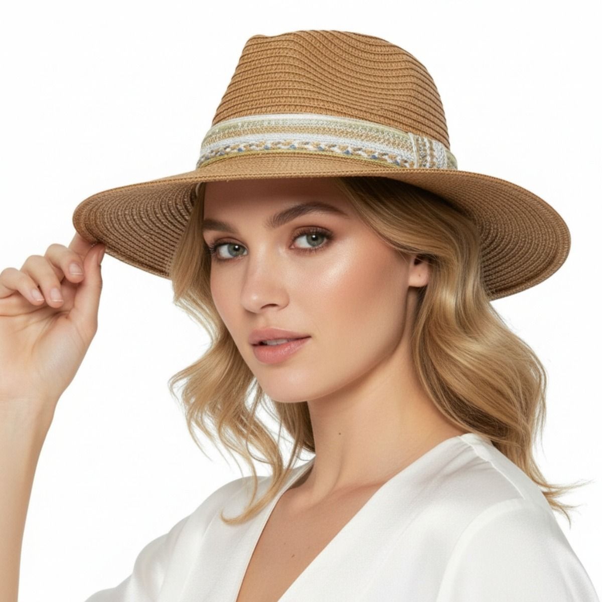 Camel Pearl Embellished Fedora Panama Hat