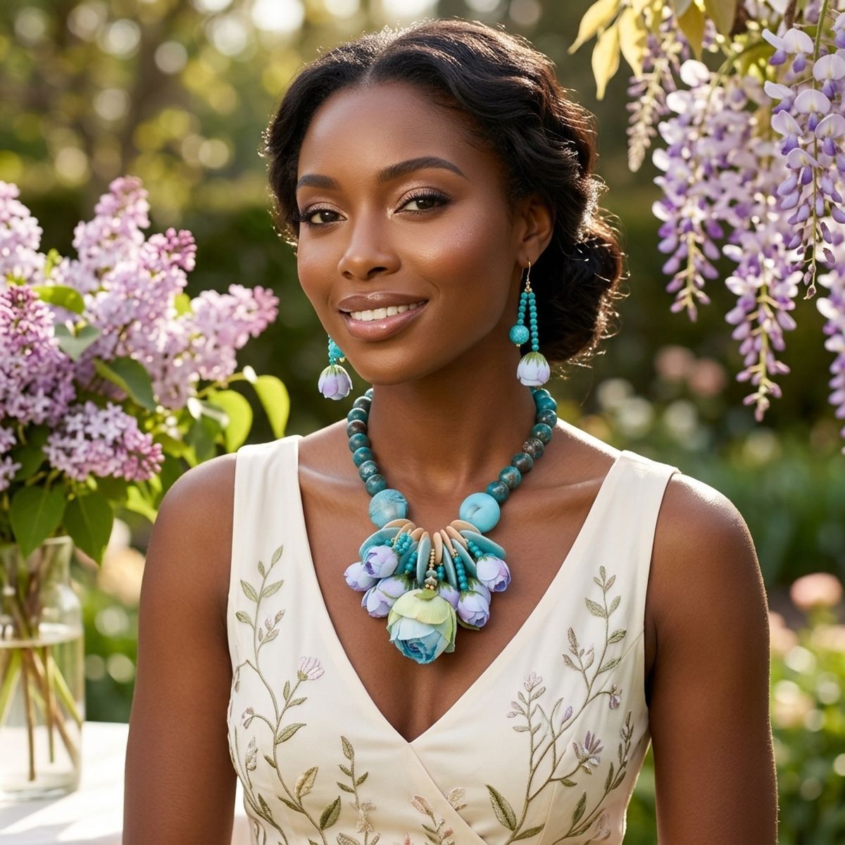 Turquoise Floral Garden Statement Bib Necklace - Mahalina