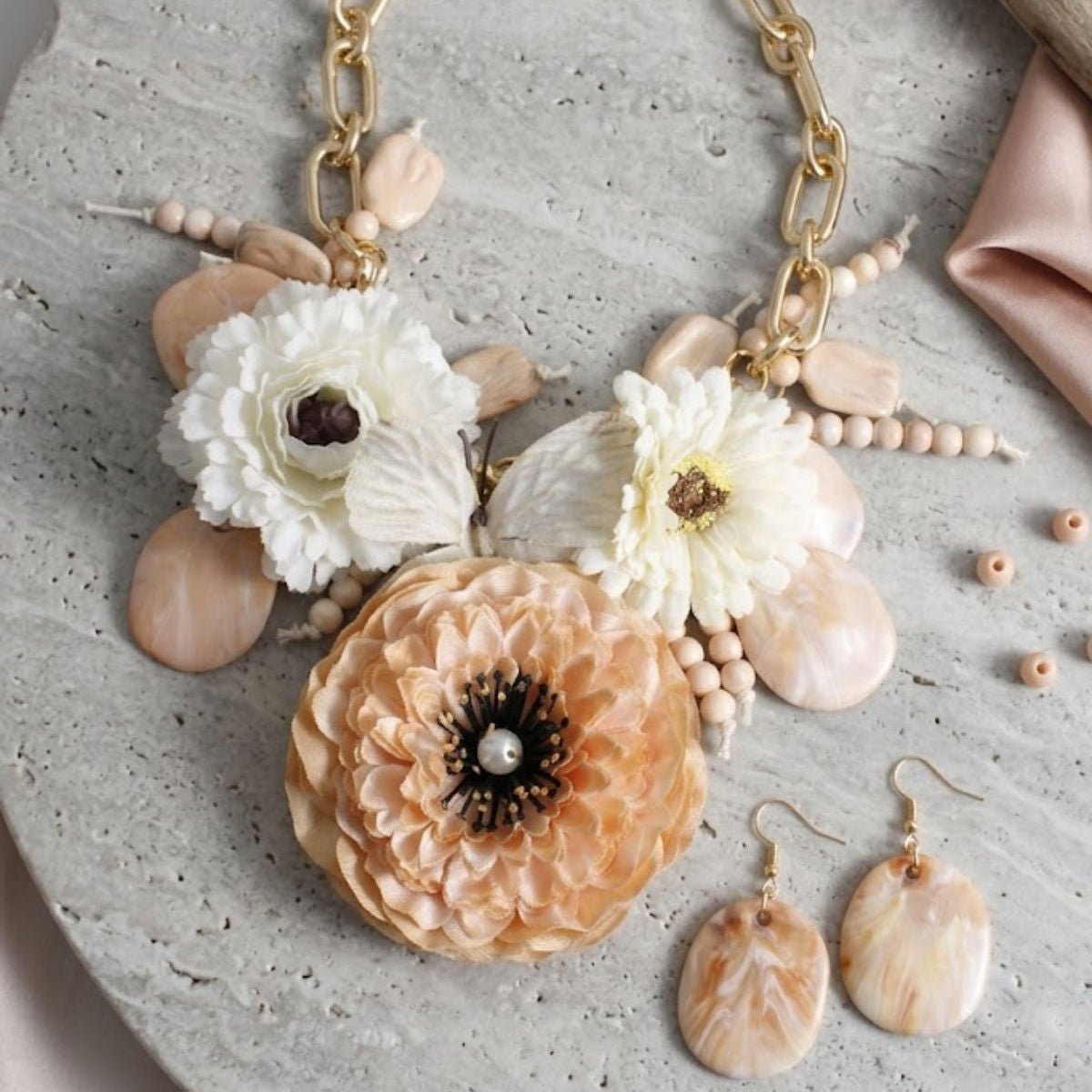 Chunky Faux Ivory Flower Butterfly Bib Necklace - Mahalina