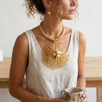Gold Mesh Large Flower Wire Pendant Necklace