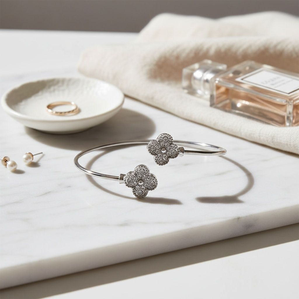 Bangle Silver Pave Quatrefoil Clover Bracelet