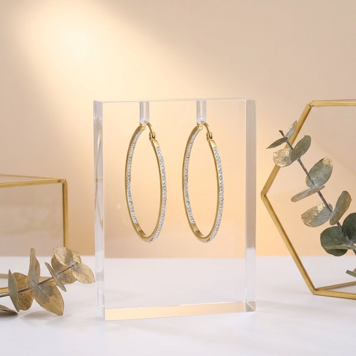 18K Gold Stainless Hoops Inside Out Rhinestones