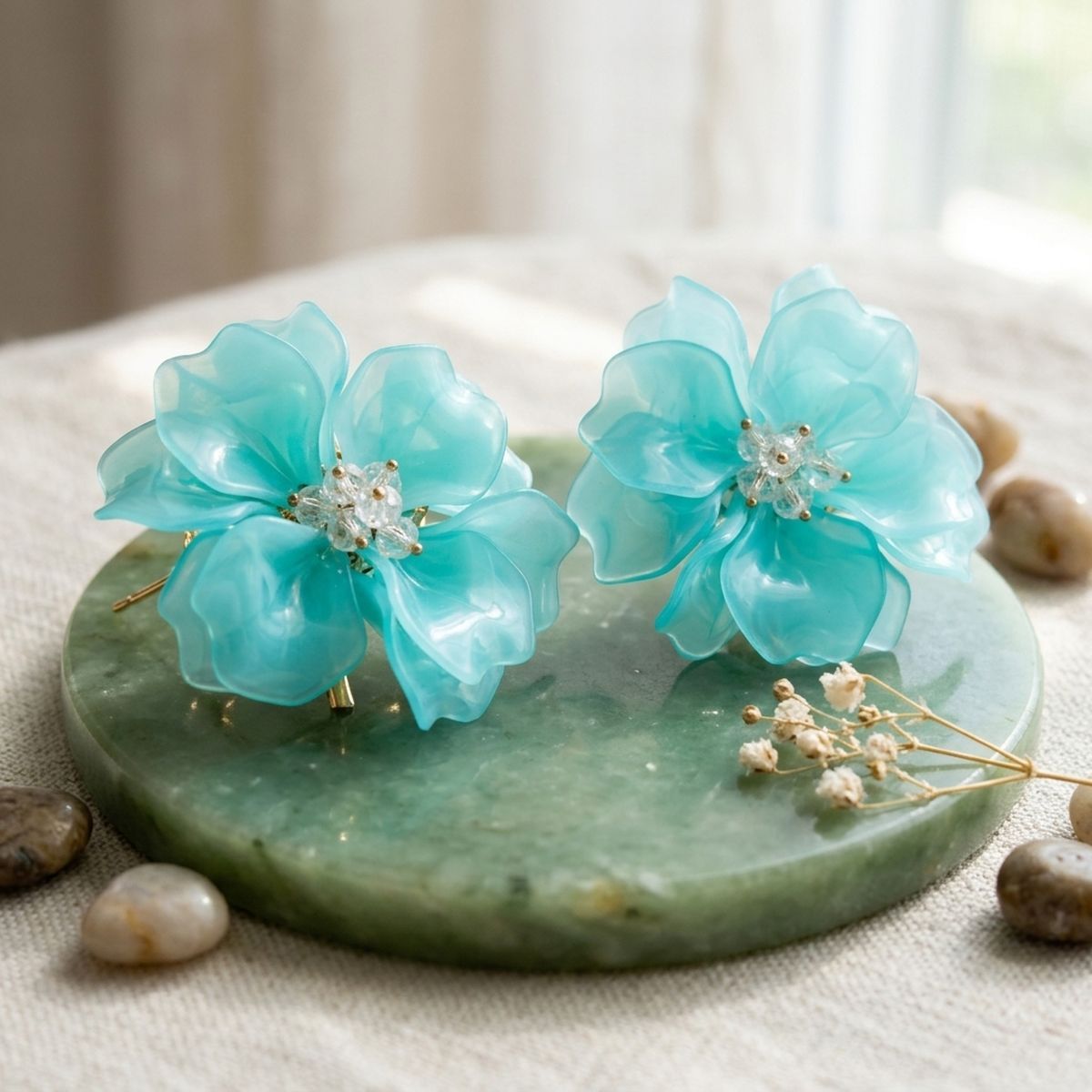 Oversized Aqua Acrylic Petal Flower Stud Earrings