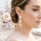 Dangle Gold Floral Cream Pearl Cascade Earrings