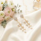 Dangle Gold Floral Cream Pearl Cascade Earrings