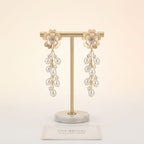 Dangle Gold Floral Cream Pearl Cascade Earrings