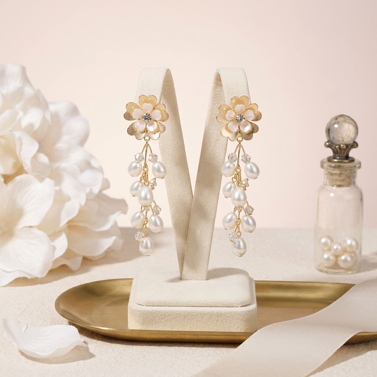 Dangle Gold Floral Cream Pearl Cascade Earrings