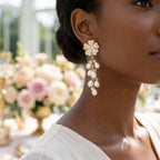 Dangle Gold Floral Cream Pearl Cascade Earrings