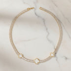 Tennis Gold CZ Baguette White Quatrefoil Necklace
