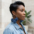 Hoop Denim Jean Triple Rose Flower Silver Earrings - Mahalina