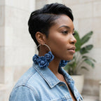 Hoop Denim Jean Triple Rose Flower Silver Earrings - Mahalina