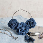 Hoop Denim Jean Triple Rose Flower Silver Earrings - Mahalina