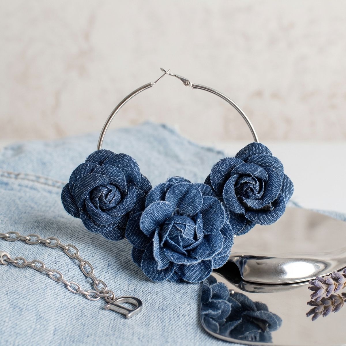 Hoop Denim Jean Triple Rose Flower Silver Earrings - Mahalina