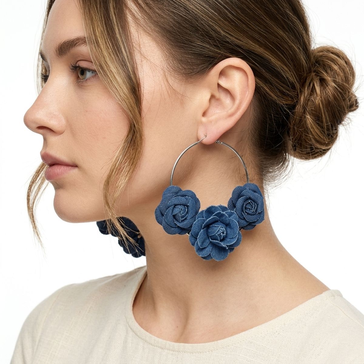 Hoop Denim Jean Triple Rose Flower Silver Earrings - Mahalina