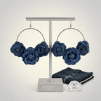 Hoop Denim Jean Triple Rose Flower Silver Earrings - Mahalina