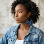 Hoop Denim Jean Triple Rose Flower Silver Earrings - Mahalina